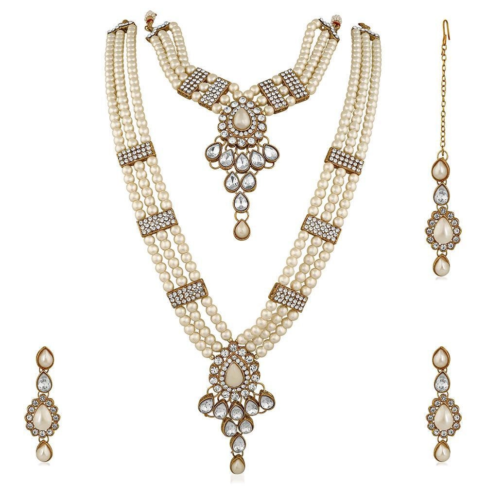 Indian Party Jewellery Crystal Stone & Pearl Double Necklace Set