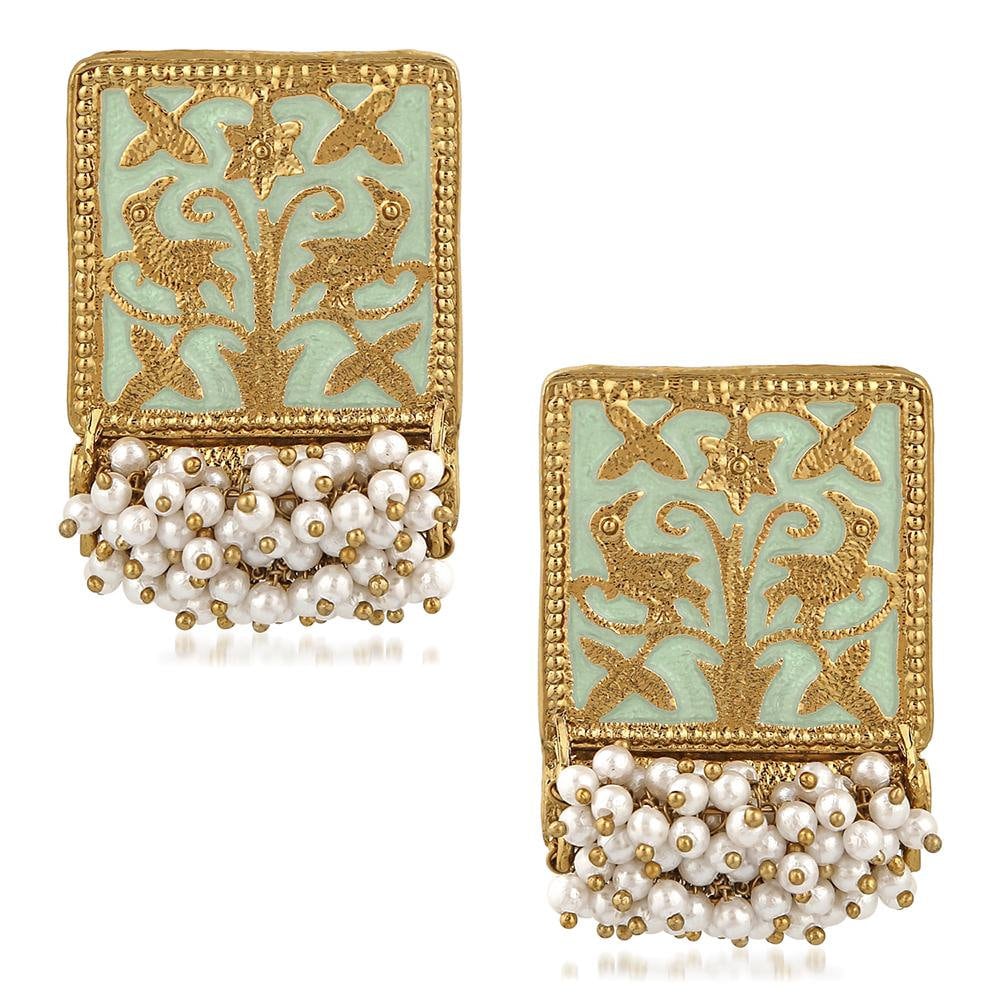 Ethnic Meenakari Work Rectangular Shape Dangler Earring with pearls