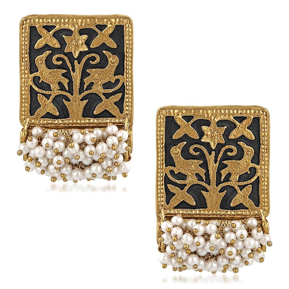 Ethnic Meenakari Work Rectangular Shape Dangler Earring with pearls