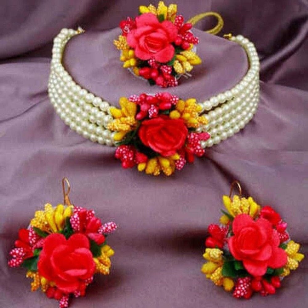 Artificial Flower Pearls Choker Sets Mehndi Dholki Haldi Jewellery