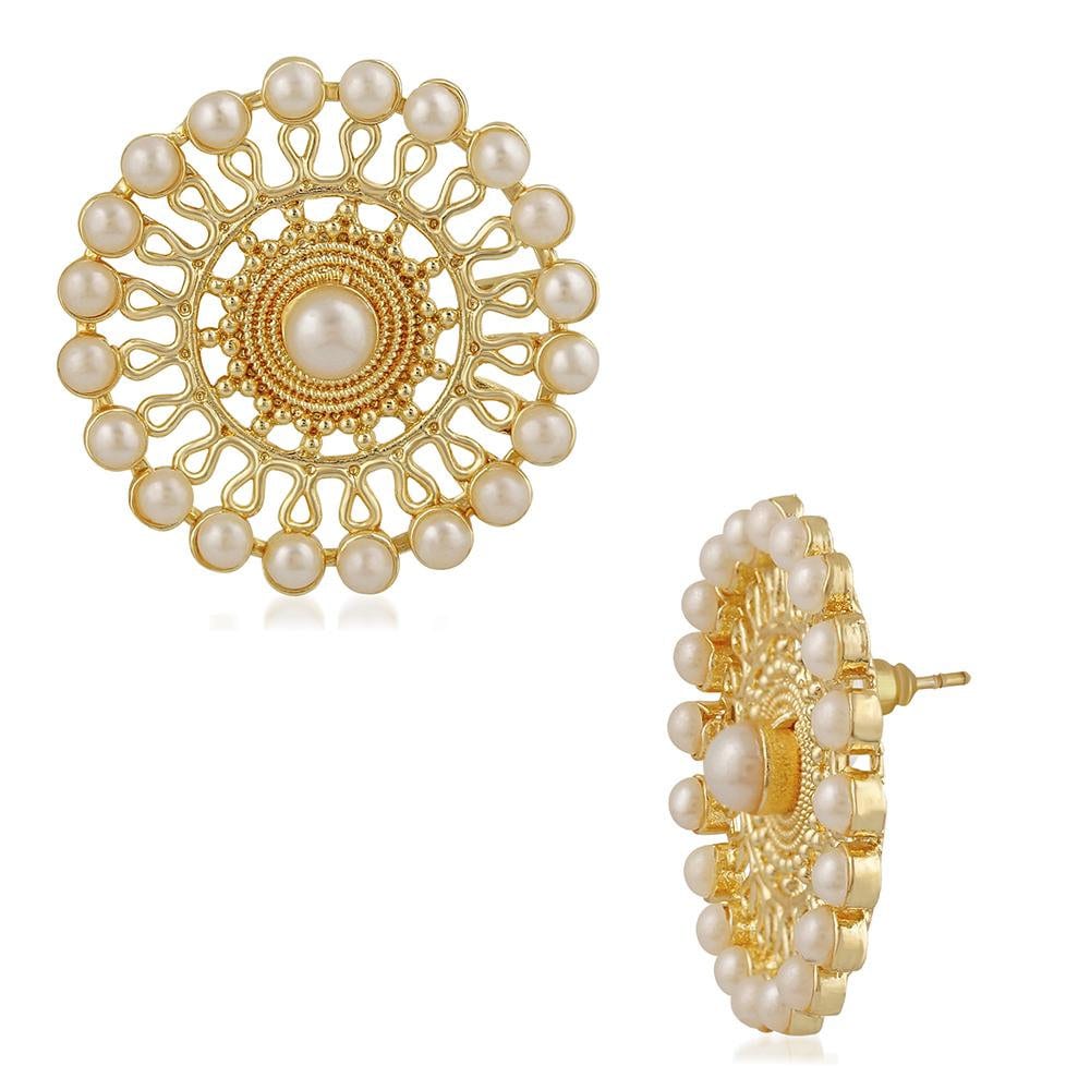 Gold Base White Kundan Big Circular Stud Earrings