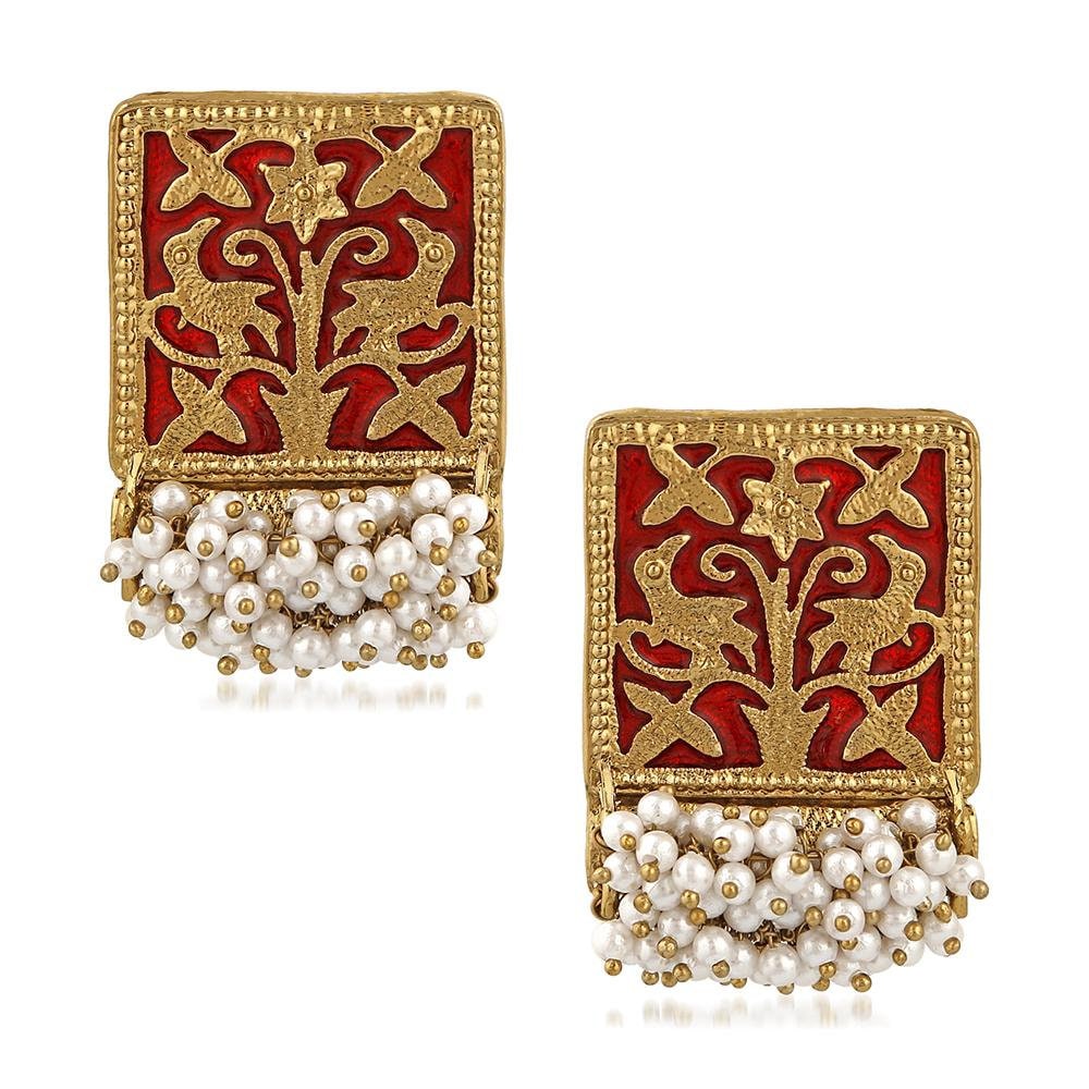 Ethnic Meenakari Work Rectangular Shape Dangler Earring with pearls