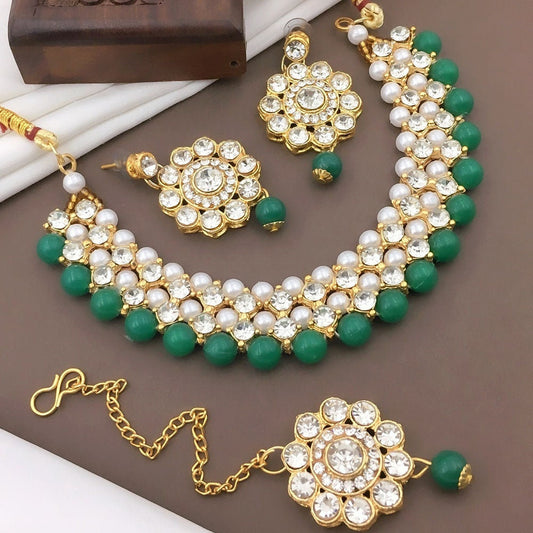 Indian Style Gold Finish Pearls Stone Choker Necklace Set