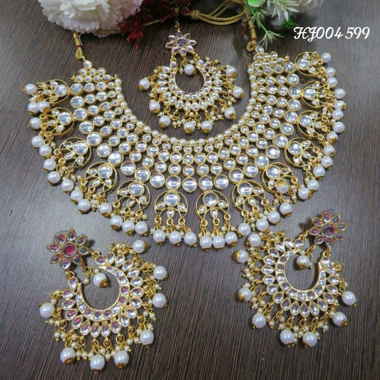 Kundan Style Gold Plated White Stone Pearls Full Bridal Jewellery Set