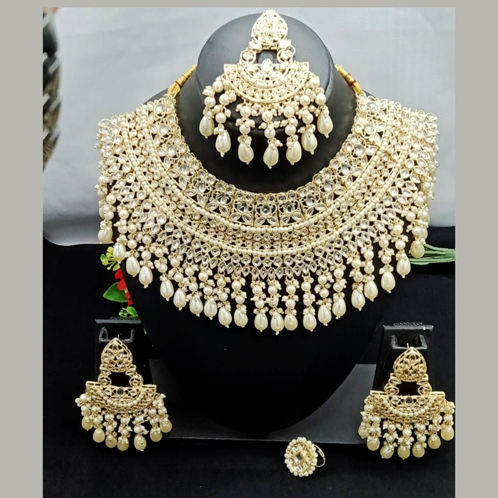 Gold Base Kundan Style Pearls Stones Full Bridal Jewellery Sets