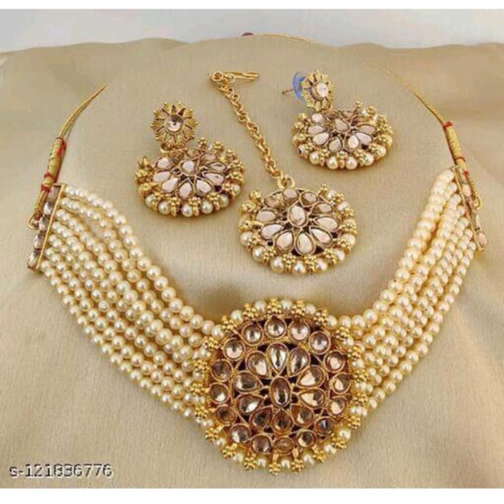 Asian Style Gold Finish Pearls Crystal Stones Choker Necklace Set