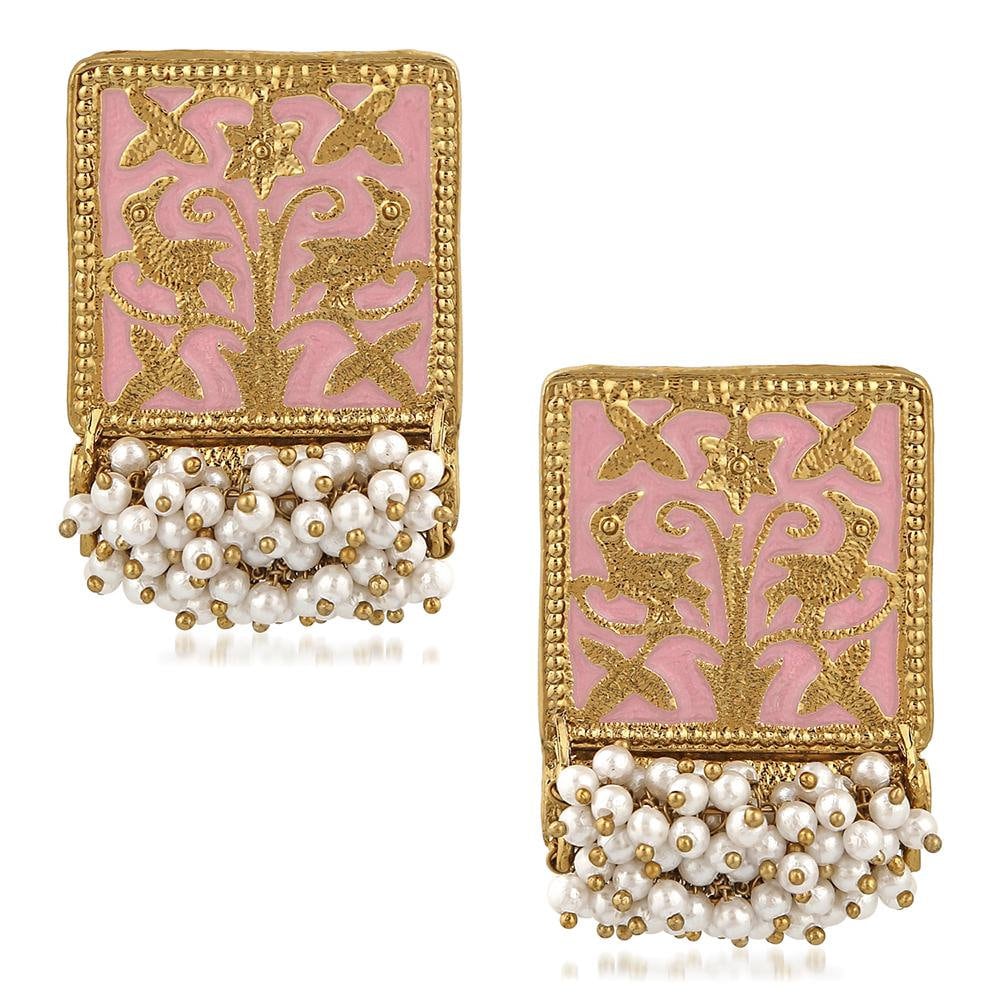 Ethnic Meenakari Work Rectangular Shape Dangler Earring with pearls