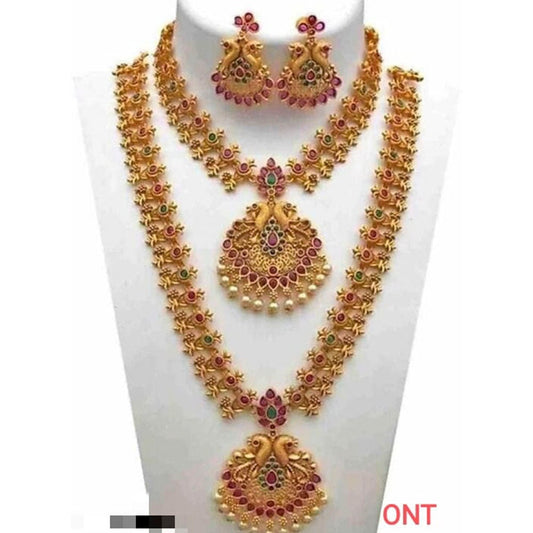 Gold look Multicolour Long Layers Mala Pota Stone Necklace Jewellery Set