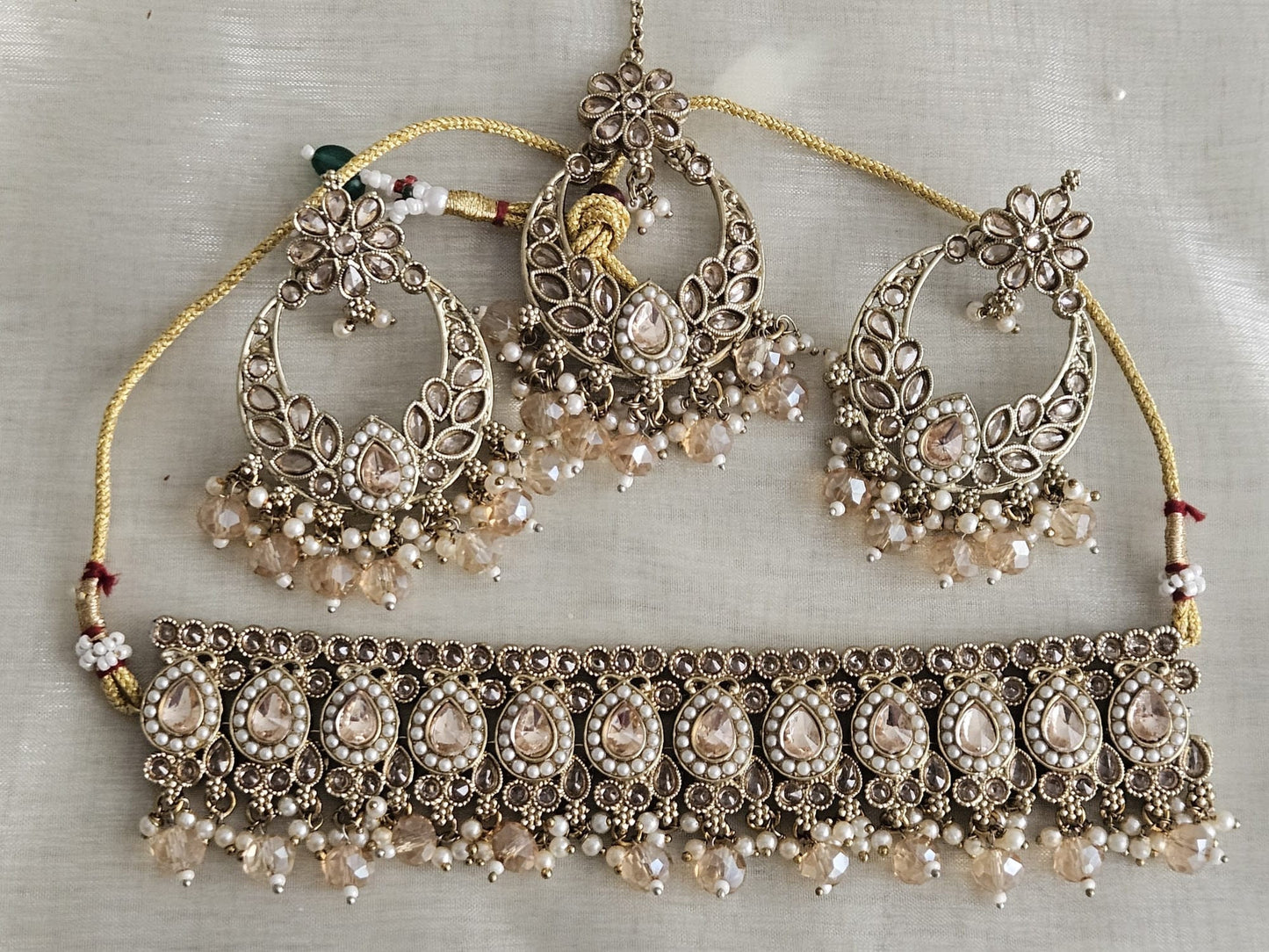 Antique Gold plated Jewellery Champagne Stone Pearls Set