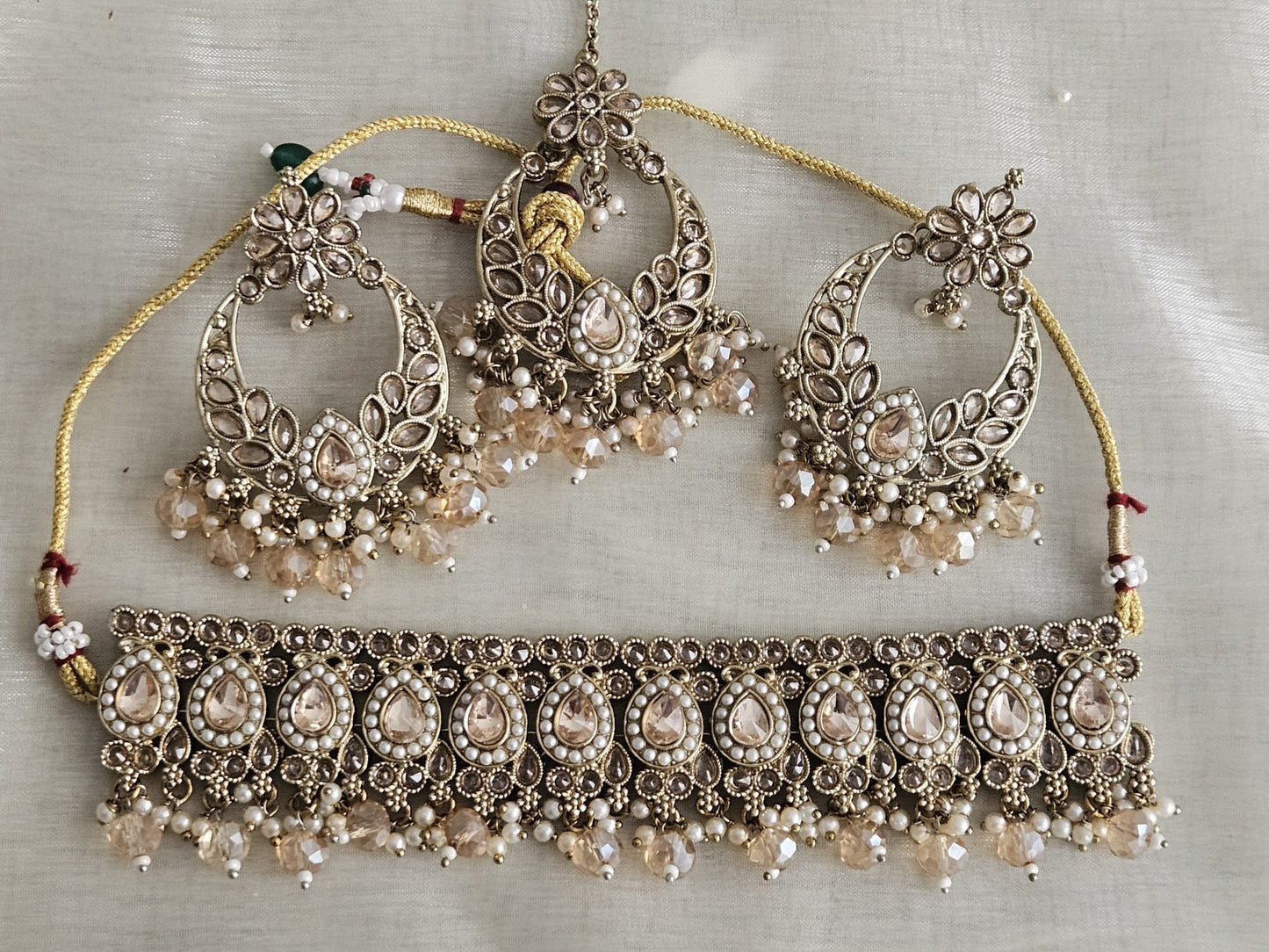 Antique Gold plated Jewellery Champagne Stone Pearls Set