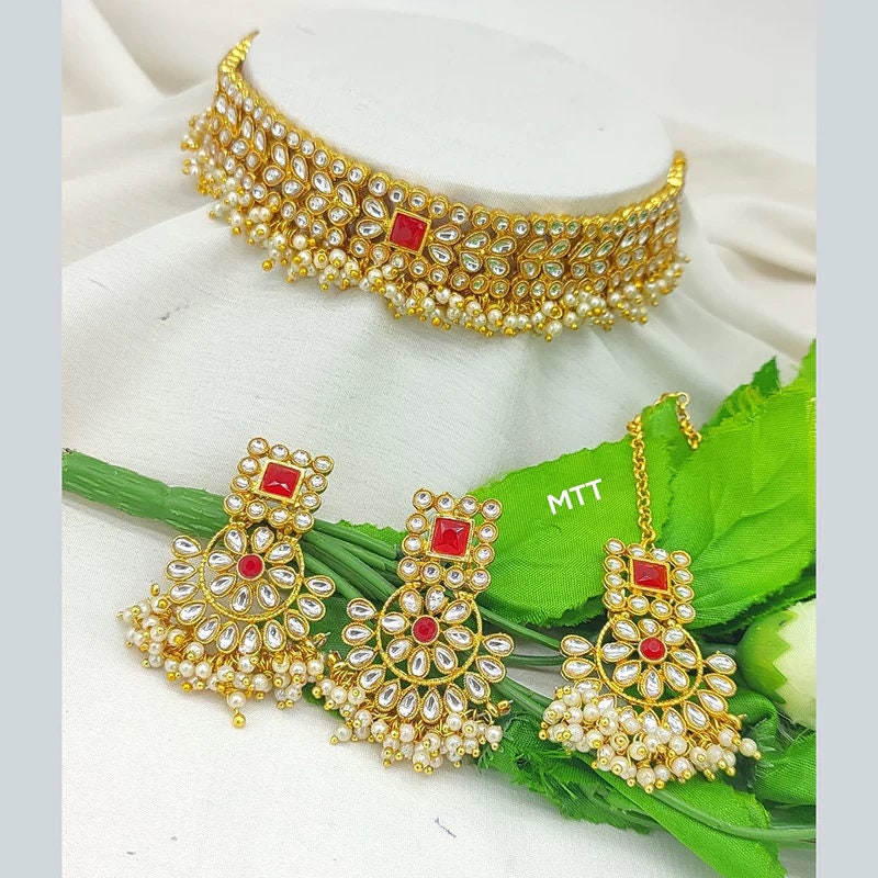 Asian Jewellery Gold and silver Plated Pearls Gajra Choker Necklace Set