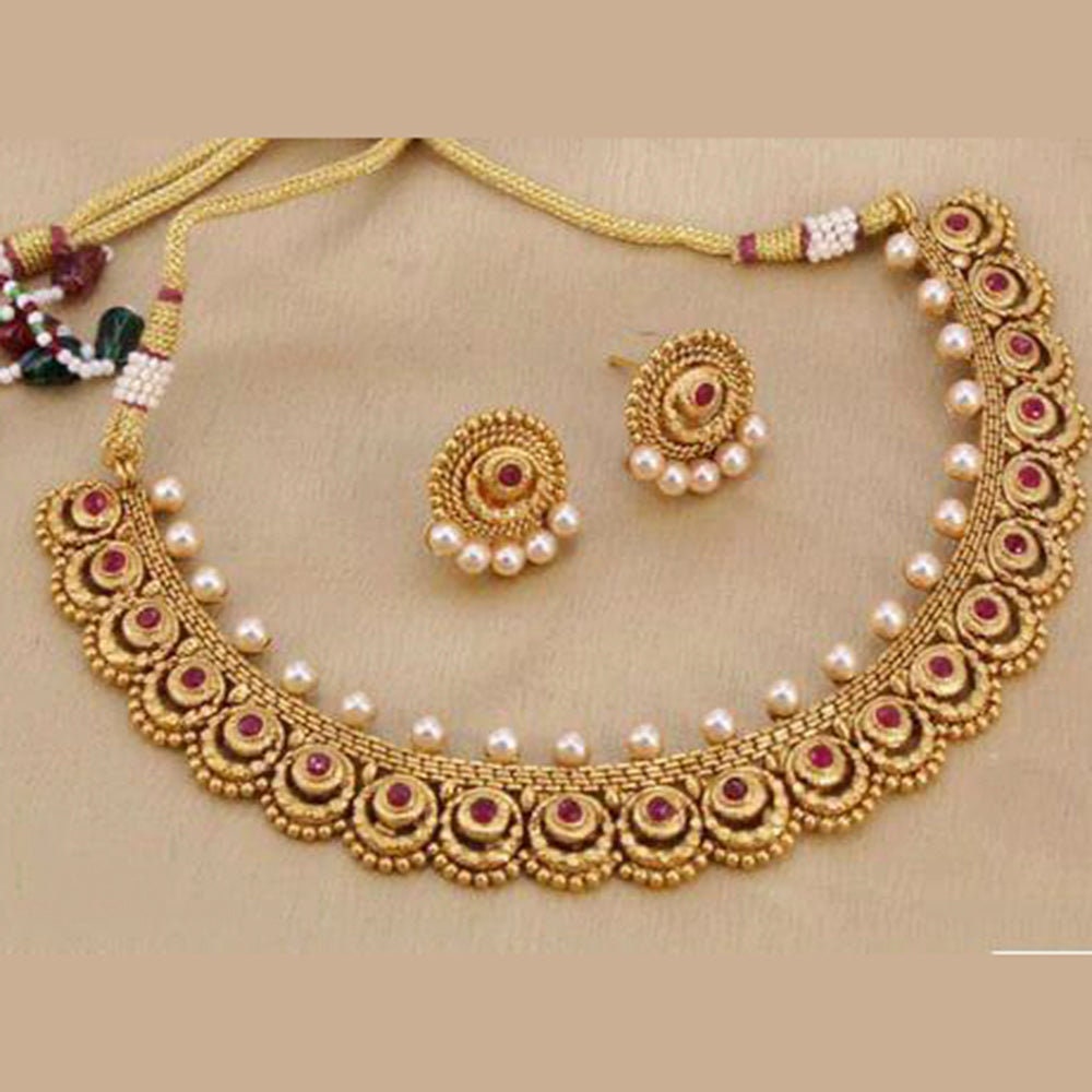 India Art Gold Plated Pota Stone And Pearl Manjoos Necklace Set