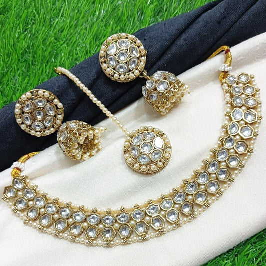 Antique Gold Plated Kundan Necklace Set Jhumki Earrings