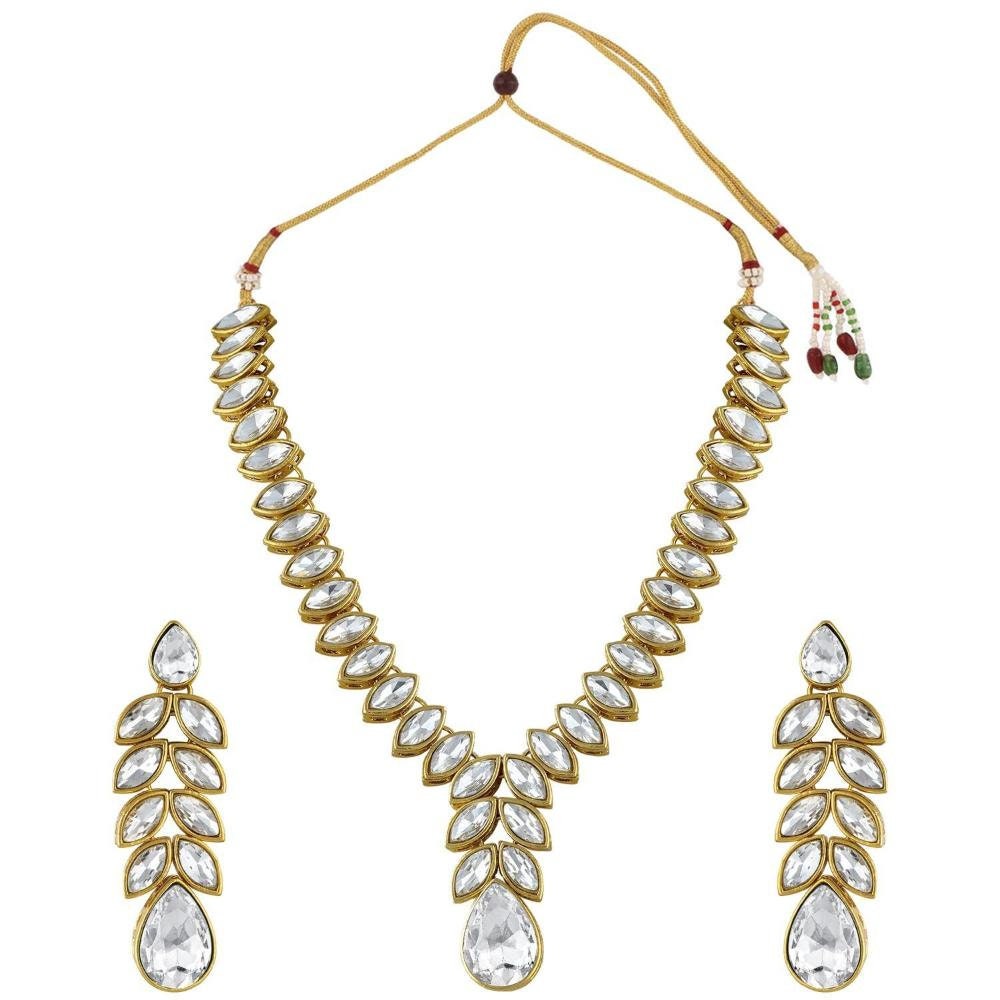 Asian Gold Plated Traditional White Stone Studded Necklace Set