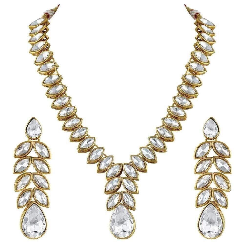 Asian Gold Plated Traditional White Stone Studded Necklace Set