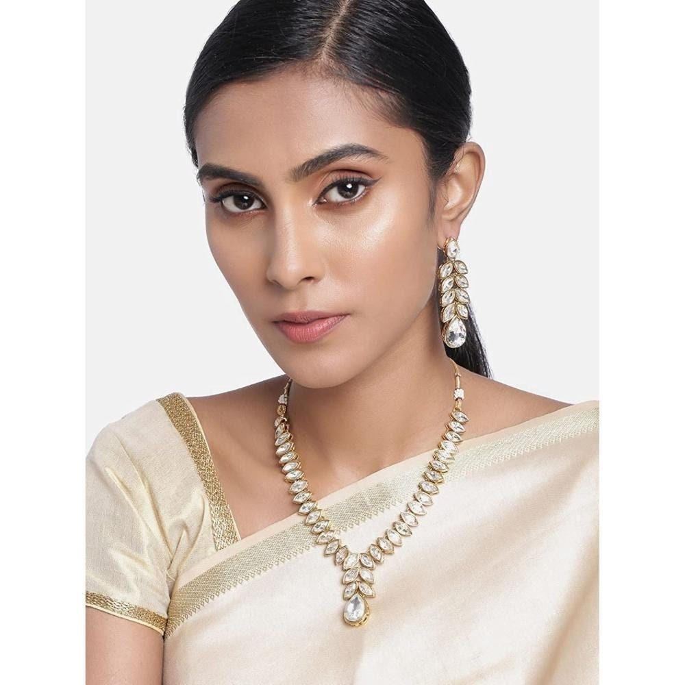 Asian Gold Plated Traditional White Stone Studded Necklace Set