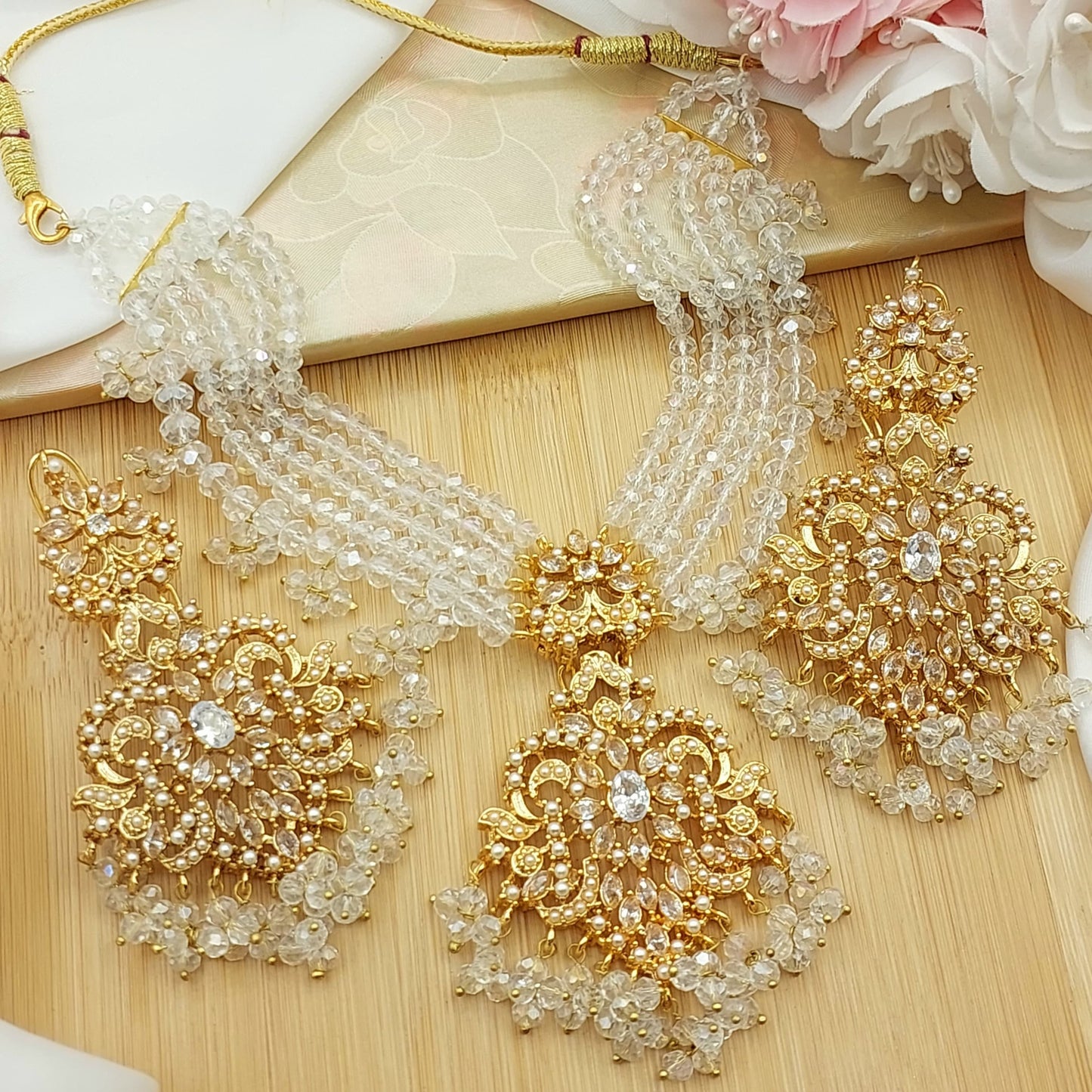 Asian Gold Base Choker Necklace Set Pearls Stones