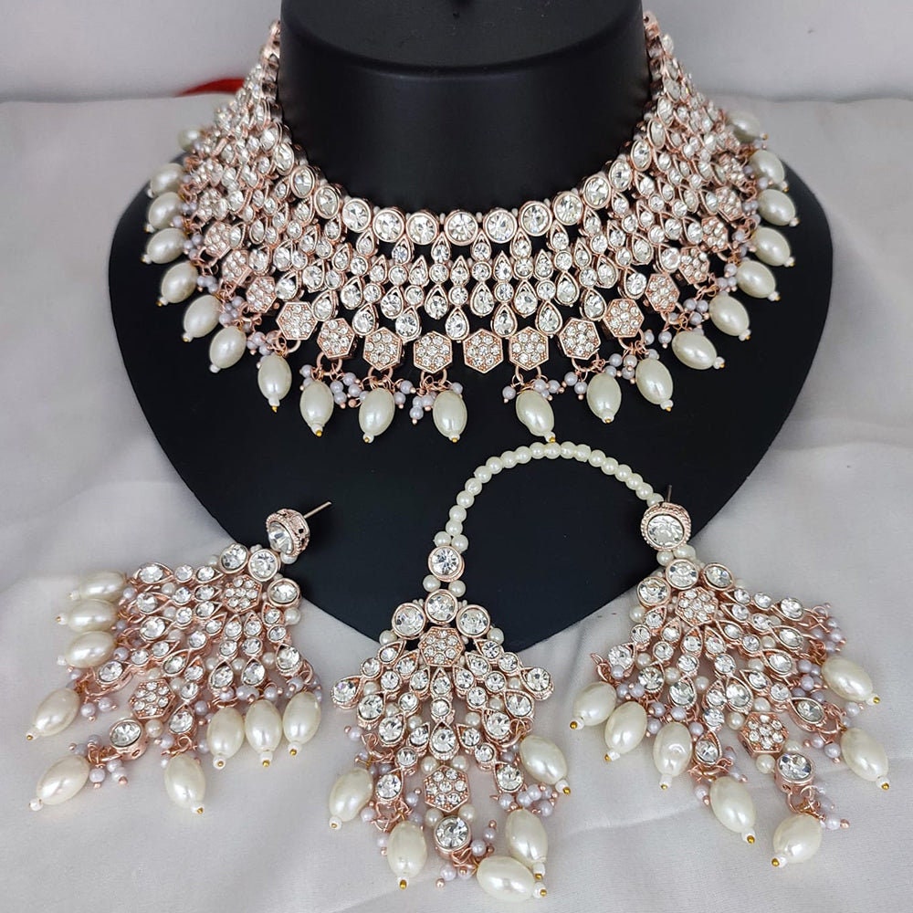 Indian Wedding Jewellery Gold Finish White Pearls Necklace Set