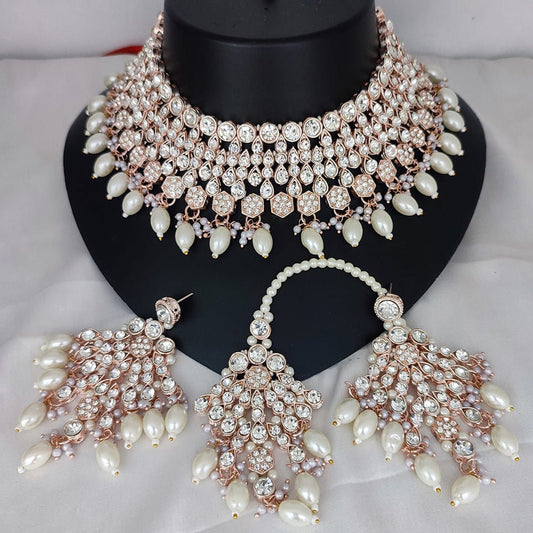 Indian Wedding Jewellery Gold Finish White Pearls Necklace Set