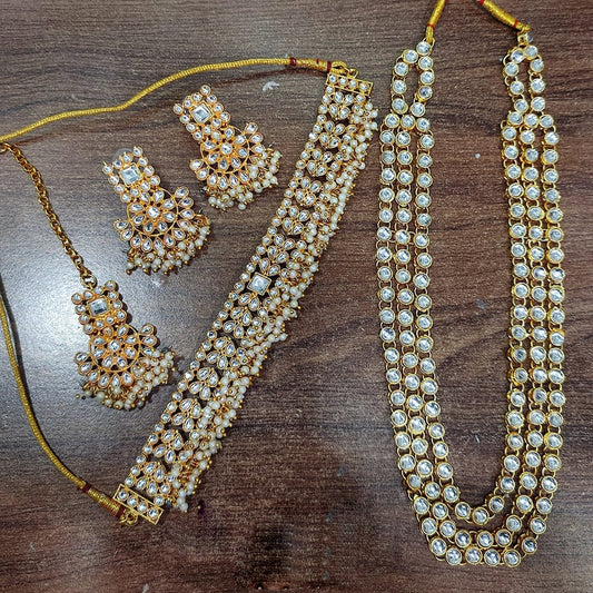 Gold Plated Kundan And Pearl Double Necklace Set Indian Jewellery