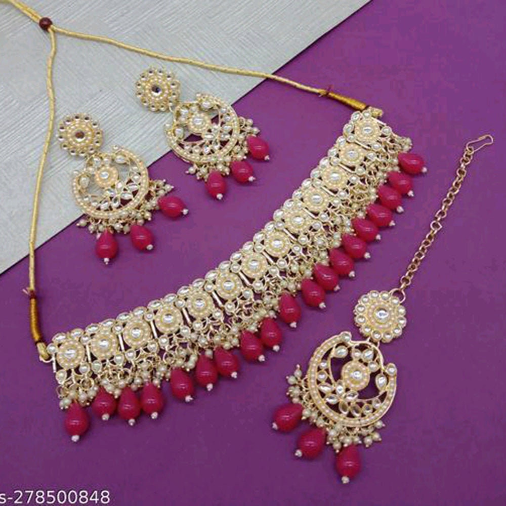 Light Gold Finish Pearls And Stones Choker Set With Tikka