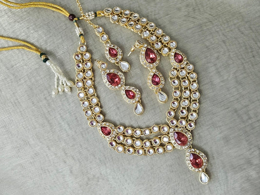 Gold Plated and American Diamond Gold Pink Necklace Set