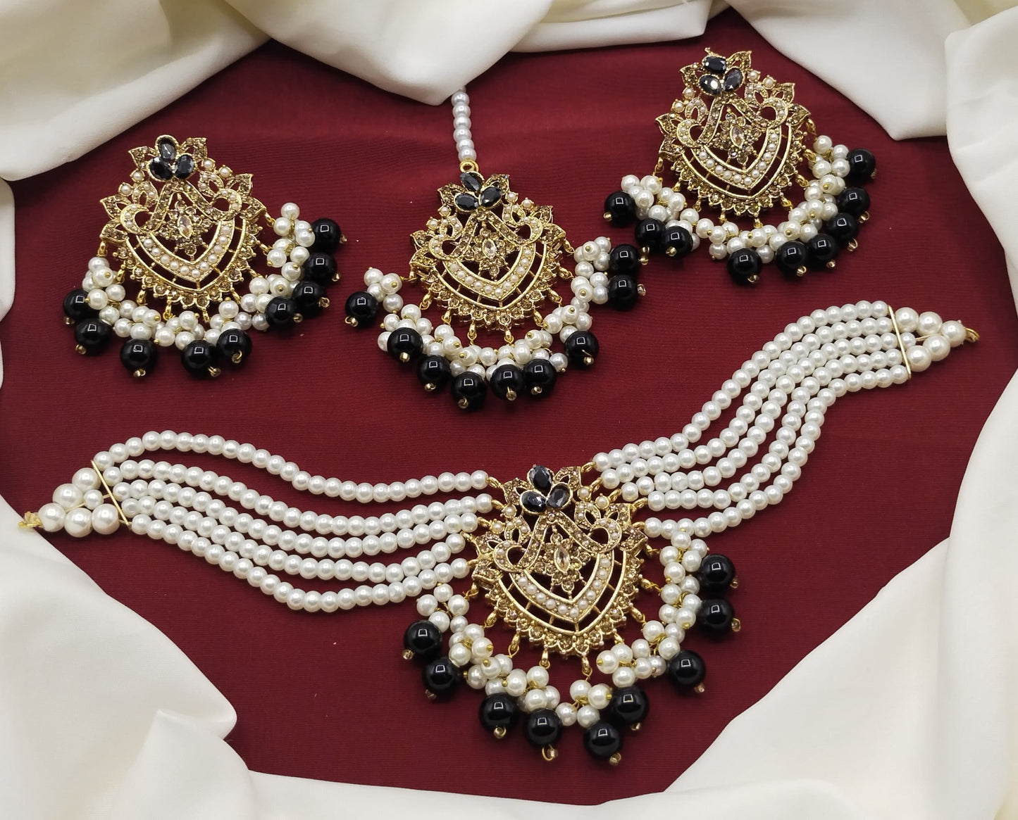 Gold Plated Choker Necklace Set Pearls And Stones Tikka