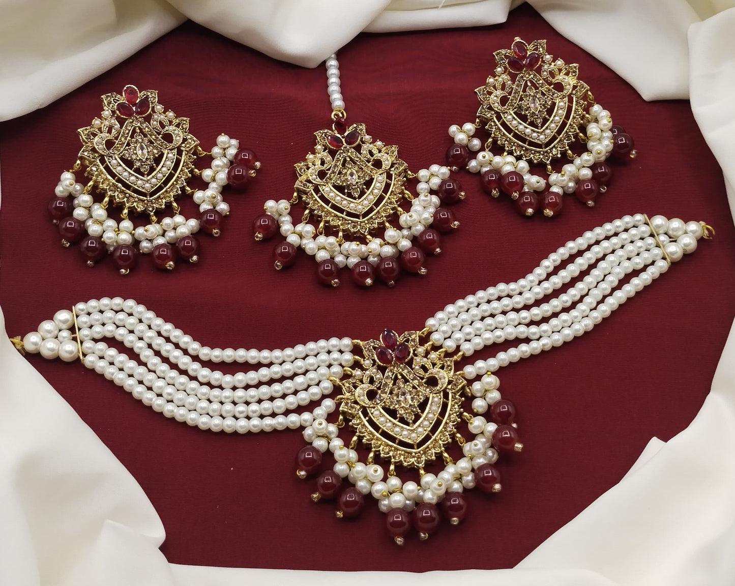 Gold Plated Choker Necklace Set Pearls And Stones Tikka