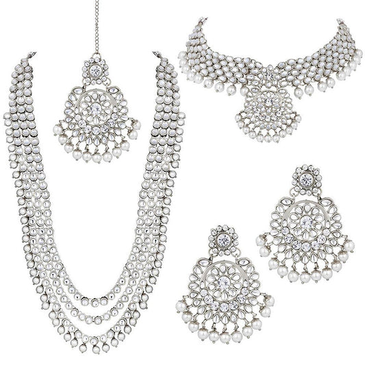 Indian 18K Silver Plated Kundan & Pearl Studded Bridal Jewellery Set