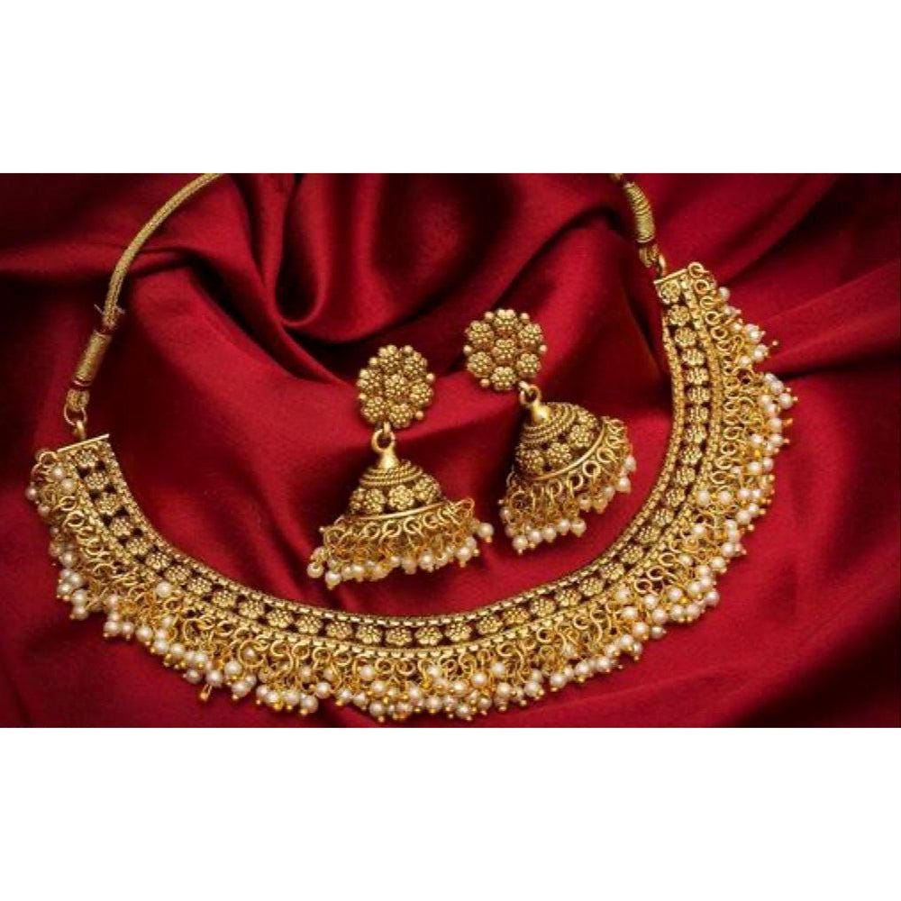 Bollywood Style Gold Finish Manjoos Gajra Pearls Choker Jhumki Set