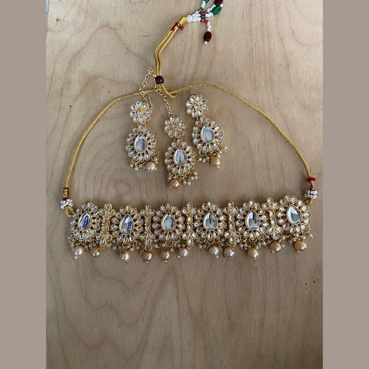 Indian Style Gold Finish White Stone Choker Necklace Set