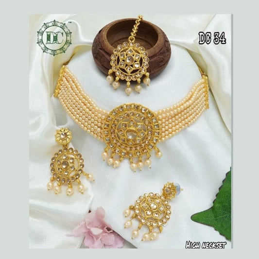 Indian Style Gold Finish Kundan Style Stone Pearls Choker Set