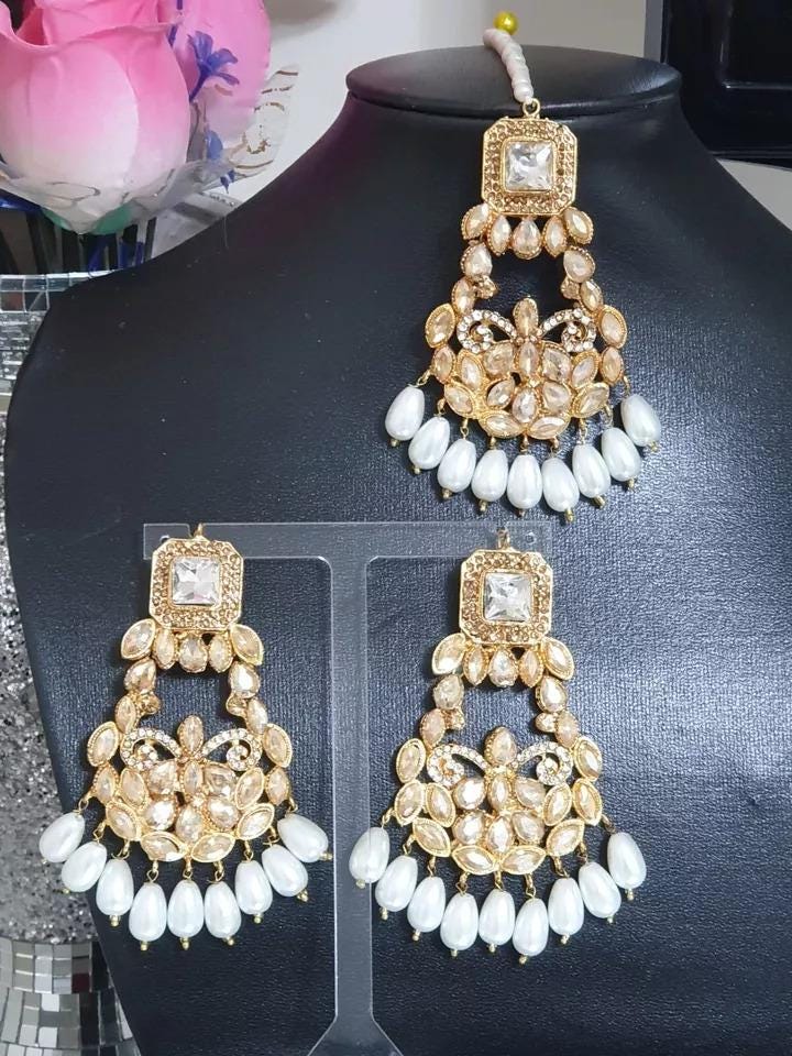 Desi Style Kundan With Crystals Pearls Earings With Tikka