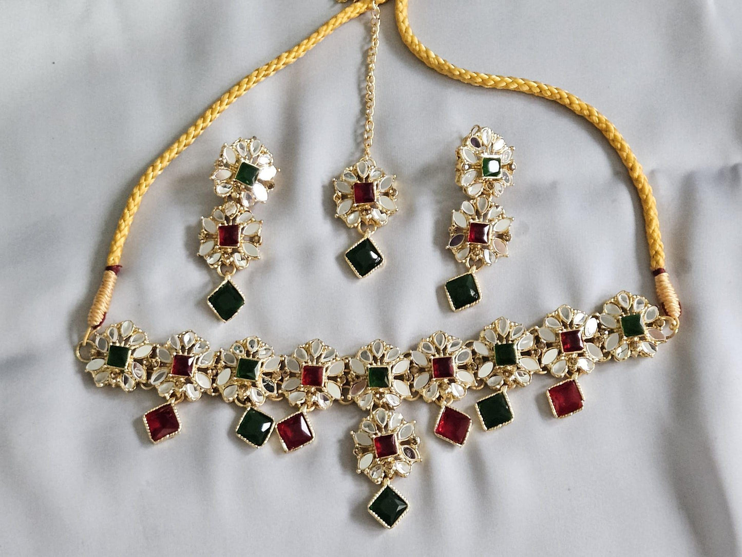 Sheesha Mirror Kundan Jewellery Set With Multicolour Stones Mehndi