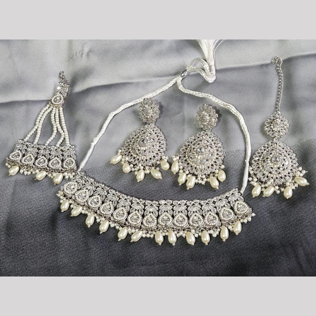 Silver Plated Zircon Style And Stones  Bridal Jewellery Set