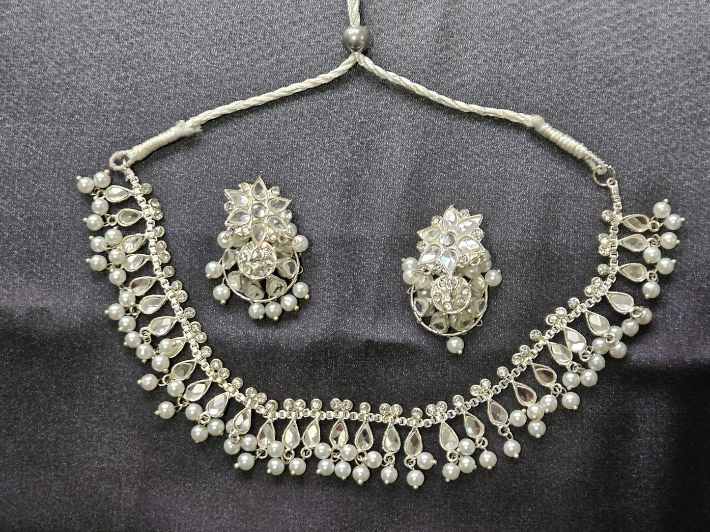 Silver Finish Mirror Kundan Style Manjoos Set Small jhumki