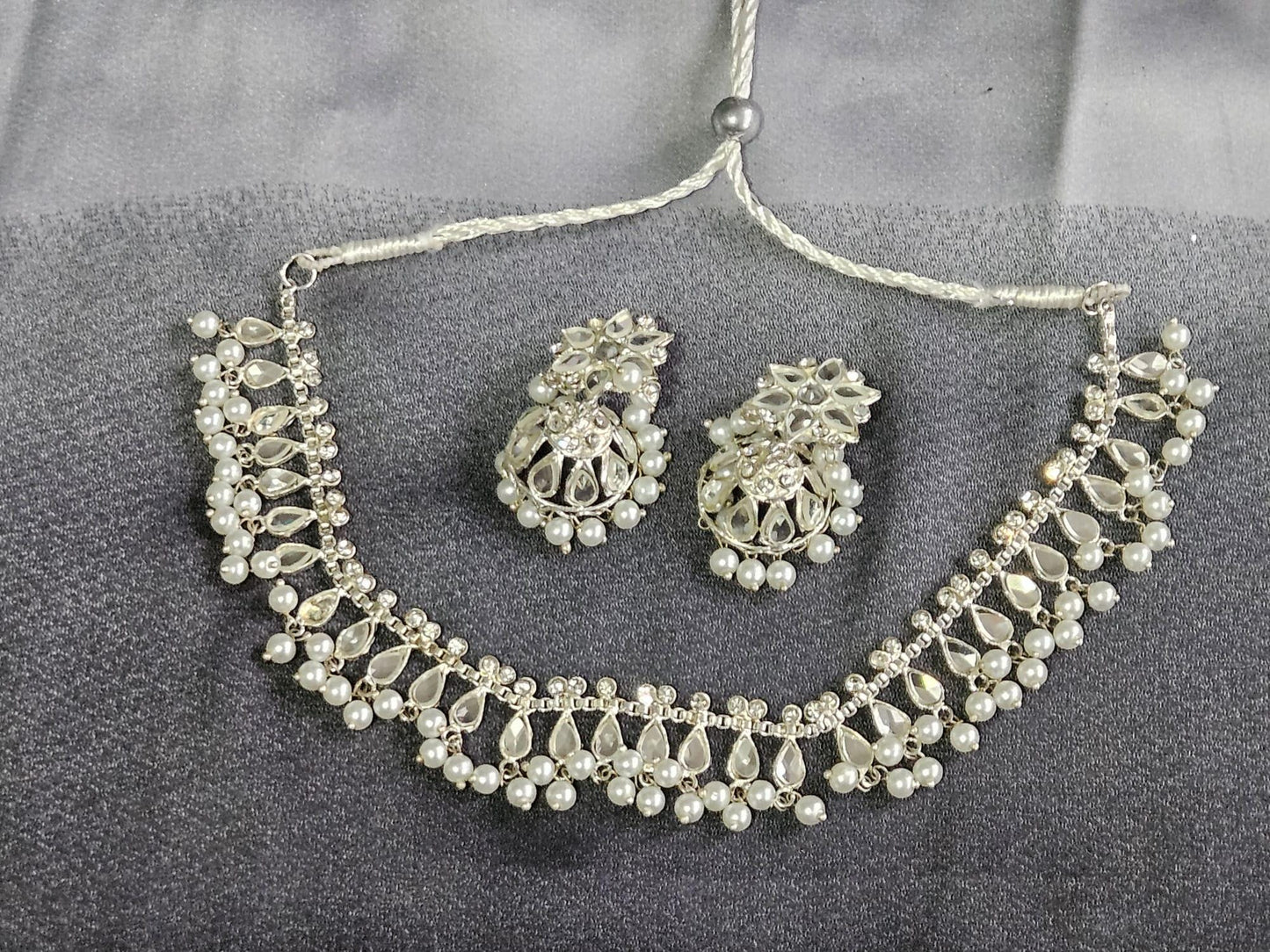 Silver Finish Mirror Kundan Style Manjoos Set Small jhumki