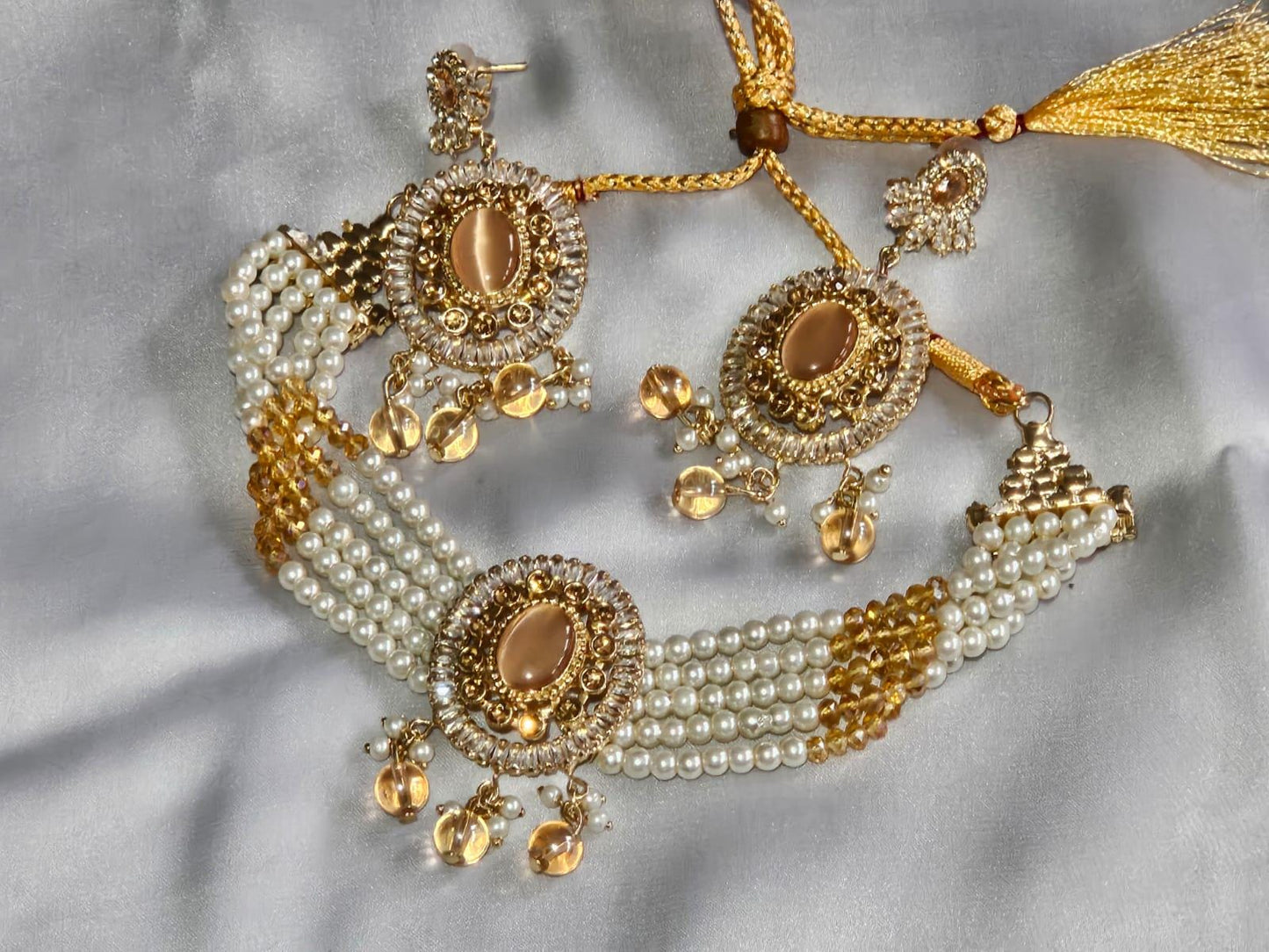 Asian Style Gold Finish Pearls Stones Choker Necklace Set