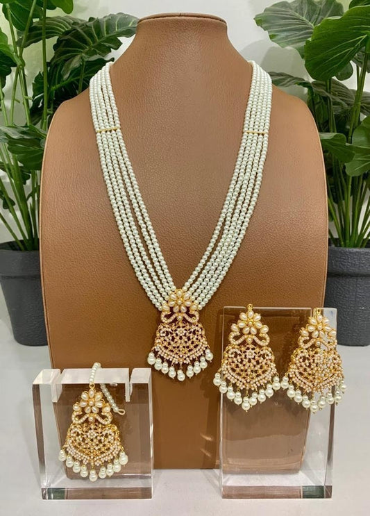 Desi Style Gold Farshi Kundan Long Pearl Mala Set With Tikka