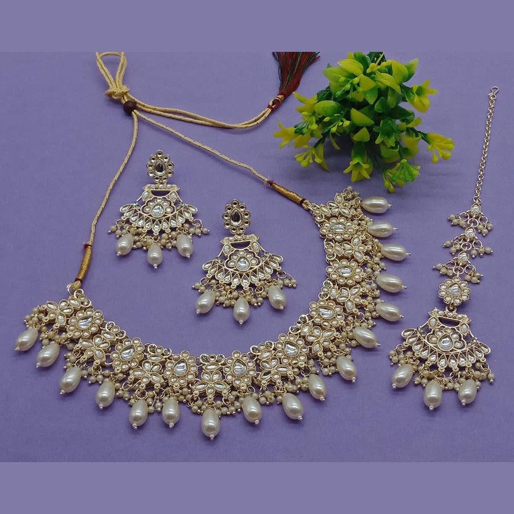 Indian Style Gold Finish Manjoos Kundan Pearls Necklace Set