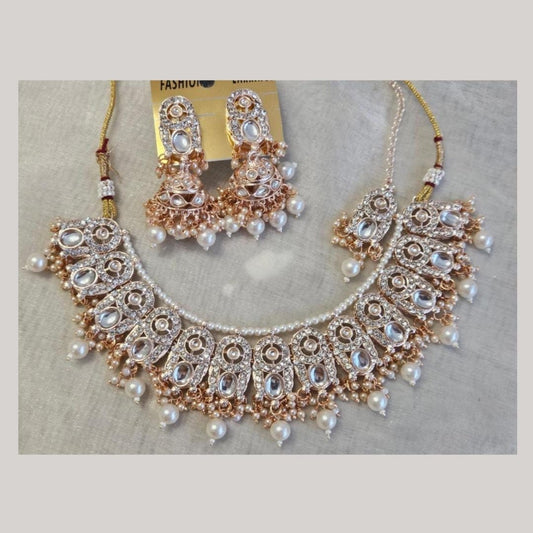 Indian Designer Rose Gold Plated Kundan Necklace Jhumka Set