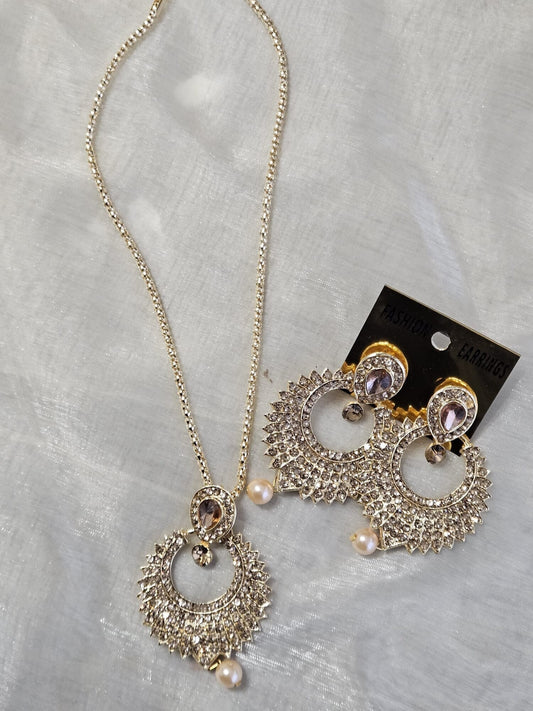 Gold Plated Pendant Austrian Stone Chain Jewellery Set With Earrings