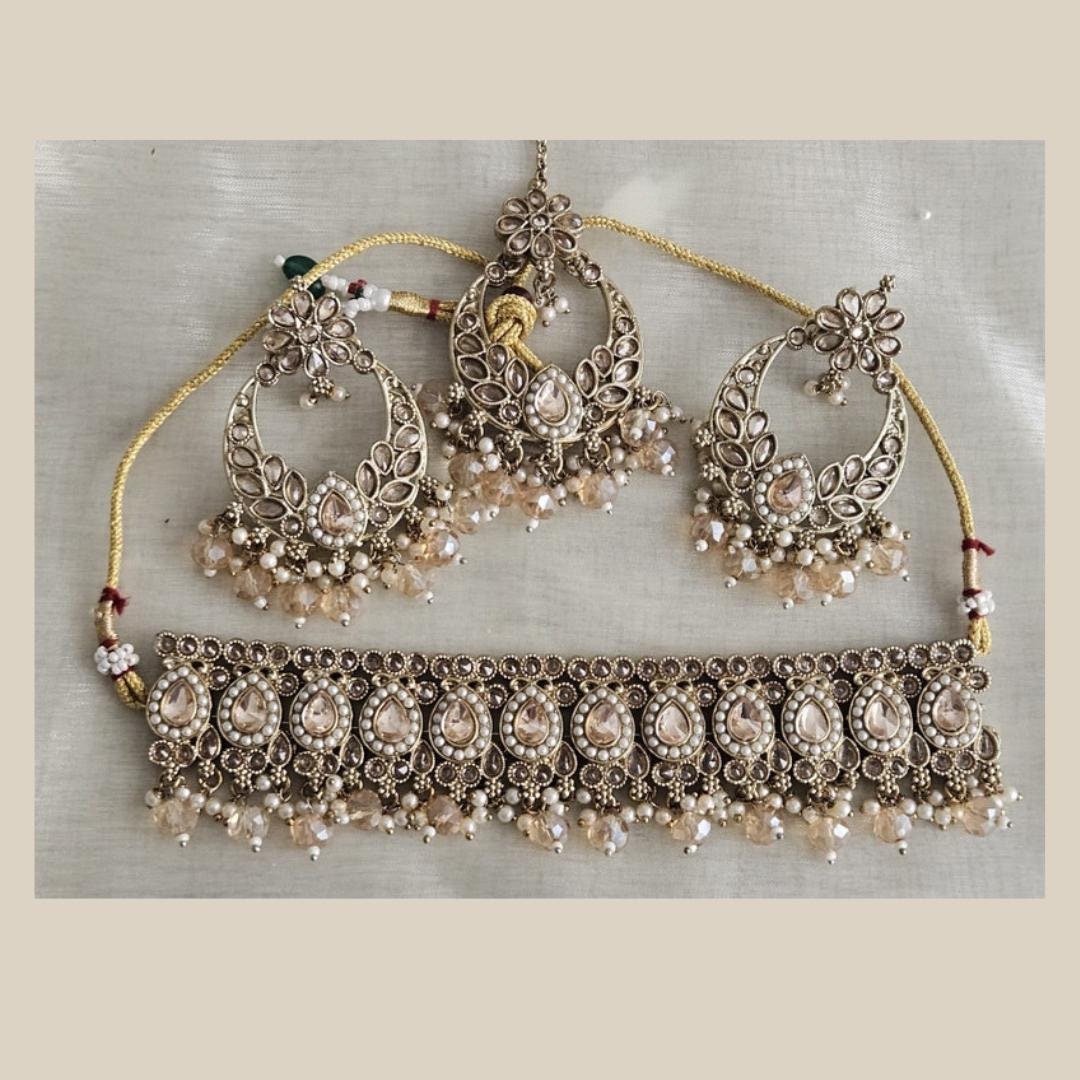 Antique Gold plated Jewellery Champagne Stone Pearls Set