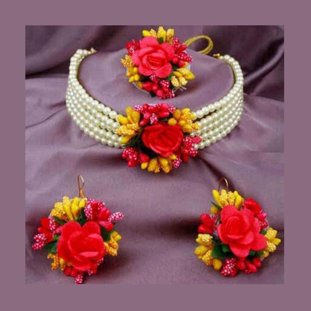 Artificial Flower Pearls Choker Sets Mehndi Dholki Haldi Jewellery