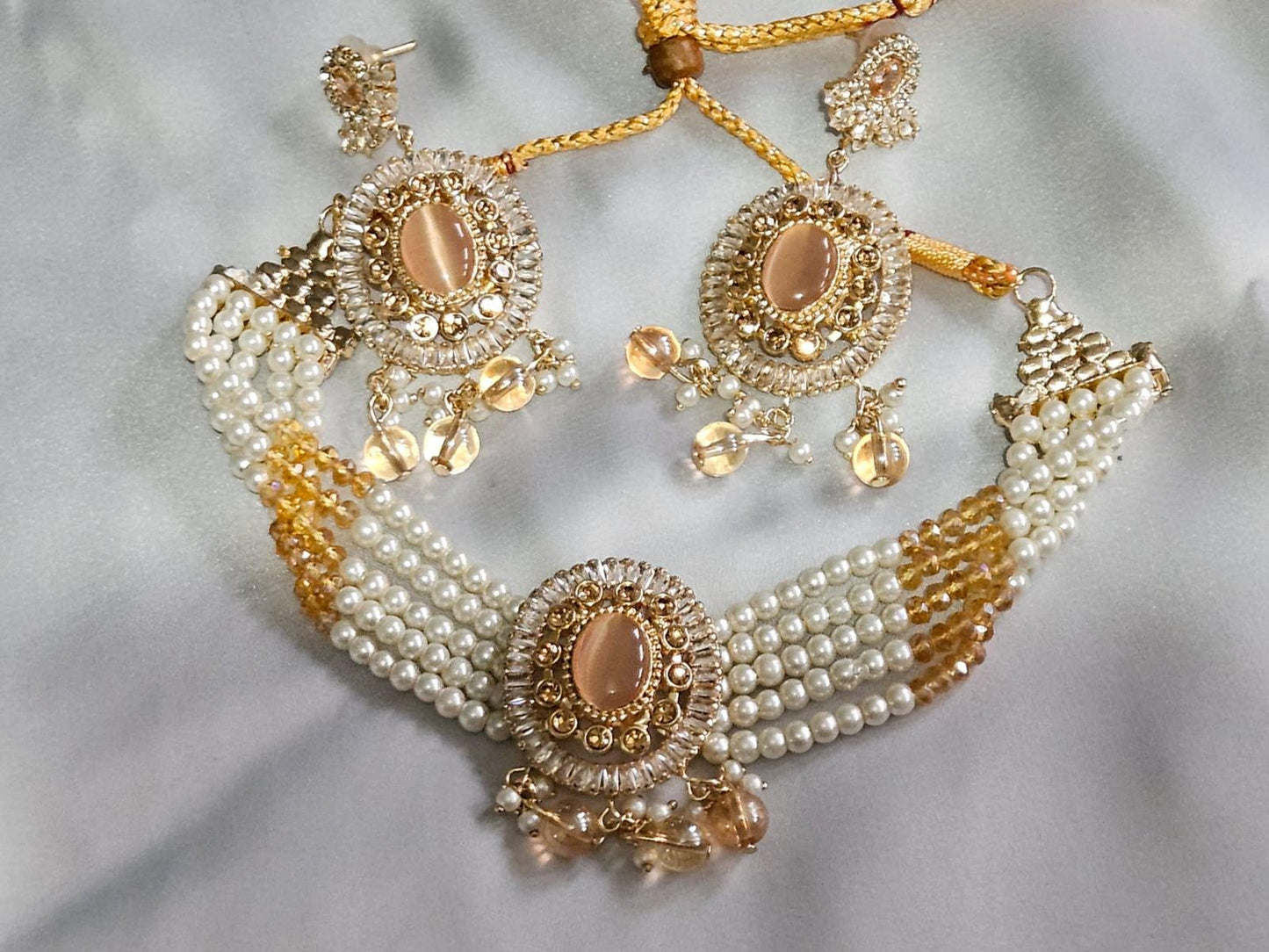 Asian Style Gold Finish Pearls Stones Choker Necklace Set