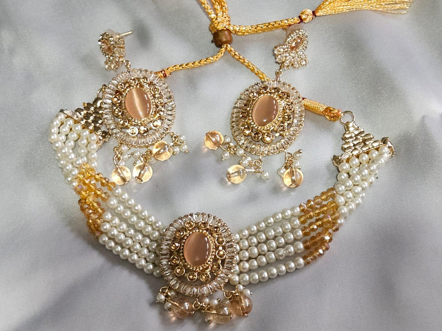 Asian Style Gold Finish Pearls Stones Choker Necklace Set