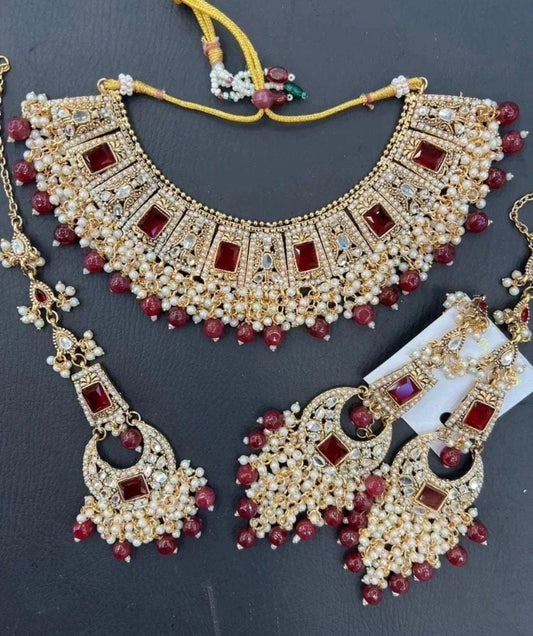 Pakistani Style Kundan Stones Wedding Jewellery Set With Tikka