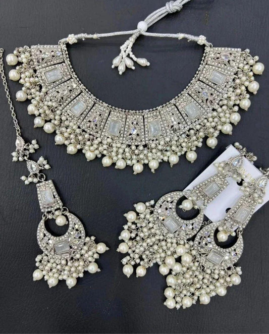 Asian Wedding Silver Plated Jewellery Set WIth Pearls and Stones