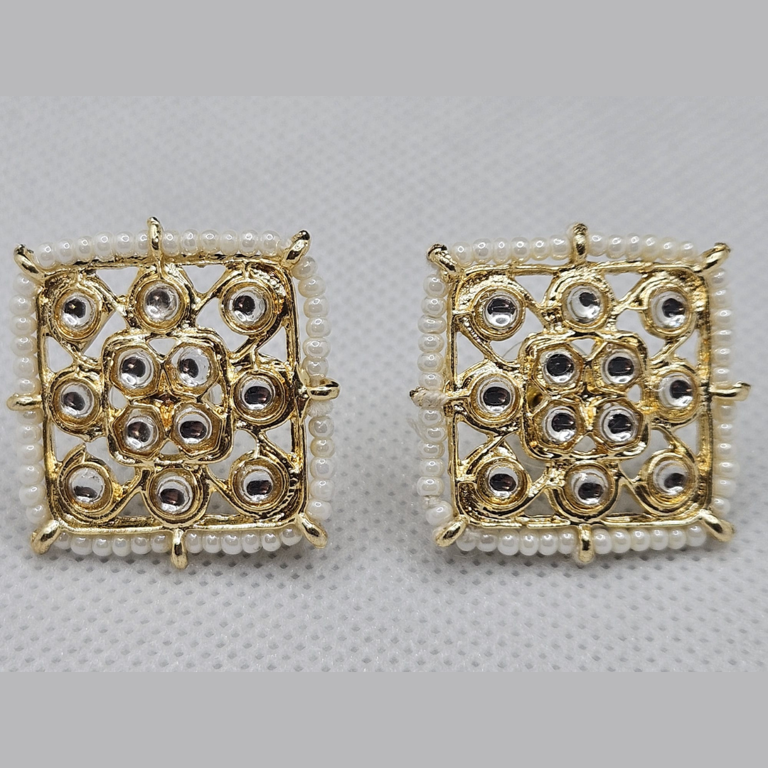 Gold Polish Brass Alloy White Pearl And Kundan Stud Earrings